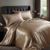 QUEEN Bed Sheet Set (Flat x1 + Fitted x1 + PC X2) in Elegant colors RED / CHAMPAGNE / CHARCOAL GREY / SILVER Fabric Luxury Satin 4pc/ Set Clearance Price $20/ set