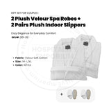 GIFT SET FOR COUPLES  2 Plush Velour Soft Cotton Shawl Collar Spa Robes White Size: M- L/XL + 2 Pairs Plush Indoor Slippers Unisex 1/Pack