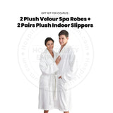 GIFT SET FOR COUPLES  2 Plush Velour Soft Cotton Shawl Collar Spa Robes White Size: M- L/XL + 2 Pairs Plush Indoor Slippers Unisex 1/Pack