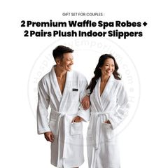 GIFT SET FOR COUPLES 2 Premium Waffle Shawl Collar Spa Robes White Size: M- L/XL + 2 Pairs Plush Indoor Slippers Unisex 1/Pack