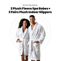 GIFT SET FOR COUPLES 2 Plush Fleece Extra Soft Shawl Collar Spa Robes White Size: M- L/XL + 2 Pairs Plush Indoor Slippers Unisex 1/Pack