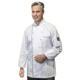 PREM. Chef Coat Master LONG SLEEVE Hand-rolled Button Closure P/C Twill Fabric Color White with Black Trim sizes XS-XL 