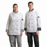 Premium Chef Coat Poly/Cotton Twill Long Sleeve with Sleeve Pocket Plastic Button Closures Color White with accent Trim Available sizes XS-XL