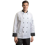 PREM. Chef Coat LONG SLEEVE Sleeve Pocket & Plastic Button Closure P/C Twill Fabric Color White with Contrast Trim sizes XS-XL