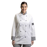 PREM. Chef Coat LONG SLEEVE Sleeve Pocket & Plastic Button Closure P/C Twill Fabric Color White with Contrast Trim sizes XS-XL