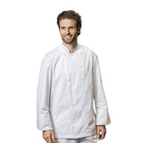 Premium Chef Coat Poly/Cotton Brushed Twill Long Sleeve with Mesh Yoke Flat Cloth-Covered Buttton Closures w/ 1 Chest Pocket and 1 Sleeve Pocket Color White Size XS-XL