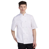 PREM. Chef Coat SHORT SLEEVE Mesh Yoke Flat Cloth-covered Buttton Closure w/1 Chest Pocket and 1 Sleeve Pocket P/C Brushed Twill Fabric Color White sizes XS-XL