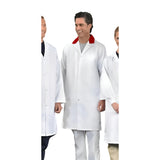 Long Coat 100% Poly  2 Inside Pockets Dome Closure with Custom Trim Collar Color White sizes XS-XL 3/Pack