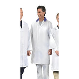 Long Coat BUTCHER Style Custom Trim Collar 2 Pockets/2+1 Pockets/3 Inside Pockets 100% Poly White sizes XS-XL 3/Pack