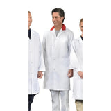 Long Coat 100% Poly  2 Inside Pockets Dome Closure with Custom Trim Collar Color White sizes XS-XL 3/Pack