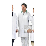 Long Coat BUTCHER Style Dome Closure Custom Trim Collar 2 Lower Pockets with Knit Cuffs 100% Poly White sizes XS-XL 3/Pack