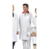 Long Coat BUTCHER Style Dome Closure Custom Trim Collar 2 Lower Pockets with Knit Cuffs 100% Poly White sizes XS-XL 3/Pack