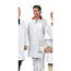 Long Coat BUTCHER Style Dome Closure 3 Pockets Knit Cuff with Maroon Trim Collar 100% Poly Color White sizes XS-XL 3/Pack