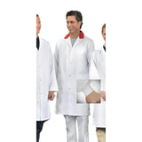 Long Coat BUTCHER Style Dome Closure Custom Trim Collar 2 Lower Pockets with Knit Cuffs 100% Poly White sizes XS-XL 3/Pack