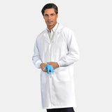 PREM. LAB Coat Men’s Dome closure 3 Outside Pockets and Knit Cuffs 8.2oz Twill 100% Cotton Color White sizes XS-XL