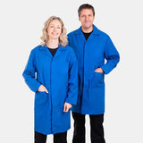 PREM. LAB Coat ESD (ElectroStatic Discharge) Snap Closures 2 Lower+1 Chest+1 Sleeve Pockets and Extra Long/Hip Length sizes XS-XL Color White/Royal Blue 