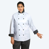 Chef Coat DOUBLE-BREASTED LONG SLEEVE 1 Sleeve Pocket & Plastic Button Closure 100% Poly Twill Fabric Color White sizes XS-XL